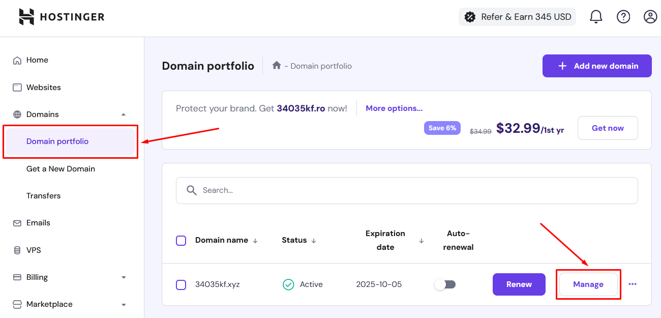 Screenshot of Hostinger admin panel, Domain Portfolio section